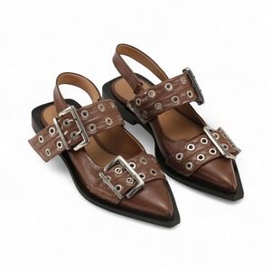 Ganni Feminine buckle ballerinas‎ Brown Leather Slingback Pointed Flats 39 $425